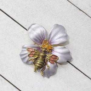 Springtime Bumblebee on Purple Flower Brooch